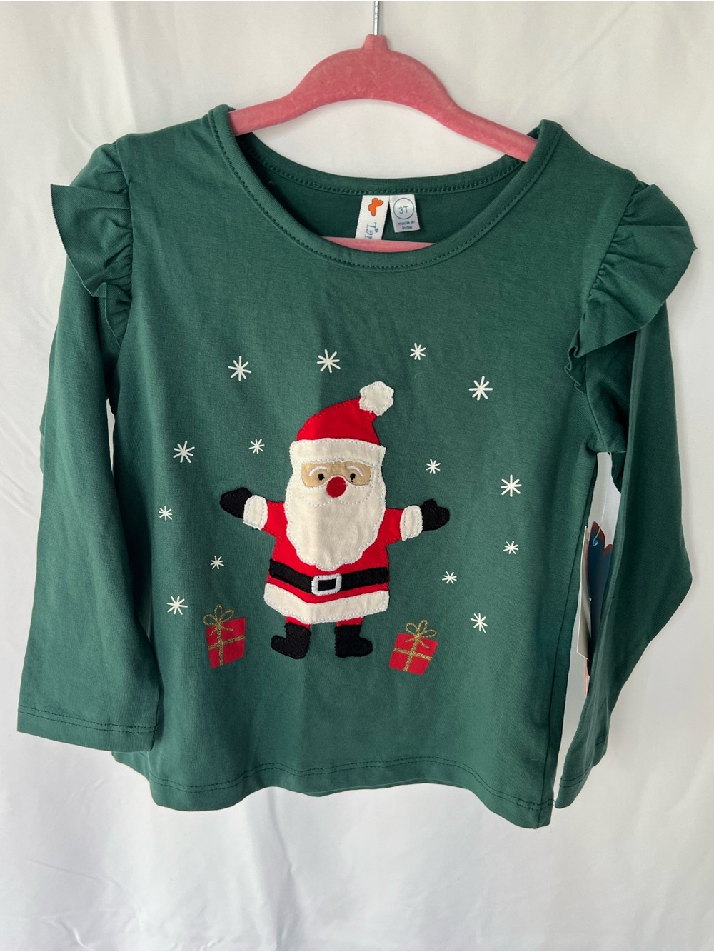 Green Santa Appliqué Ruffle Long-Sleeve Tee, Size 3T NWT